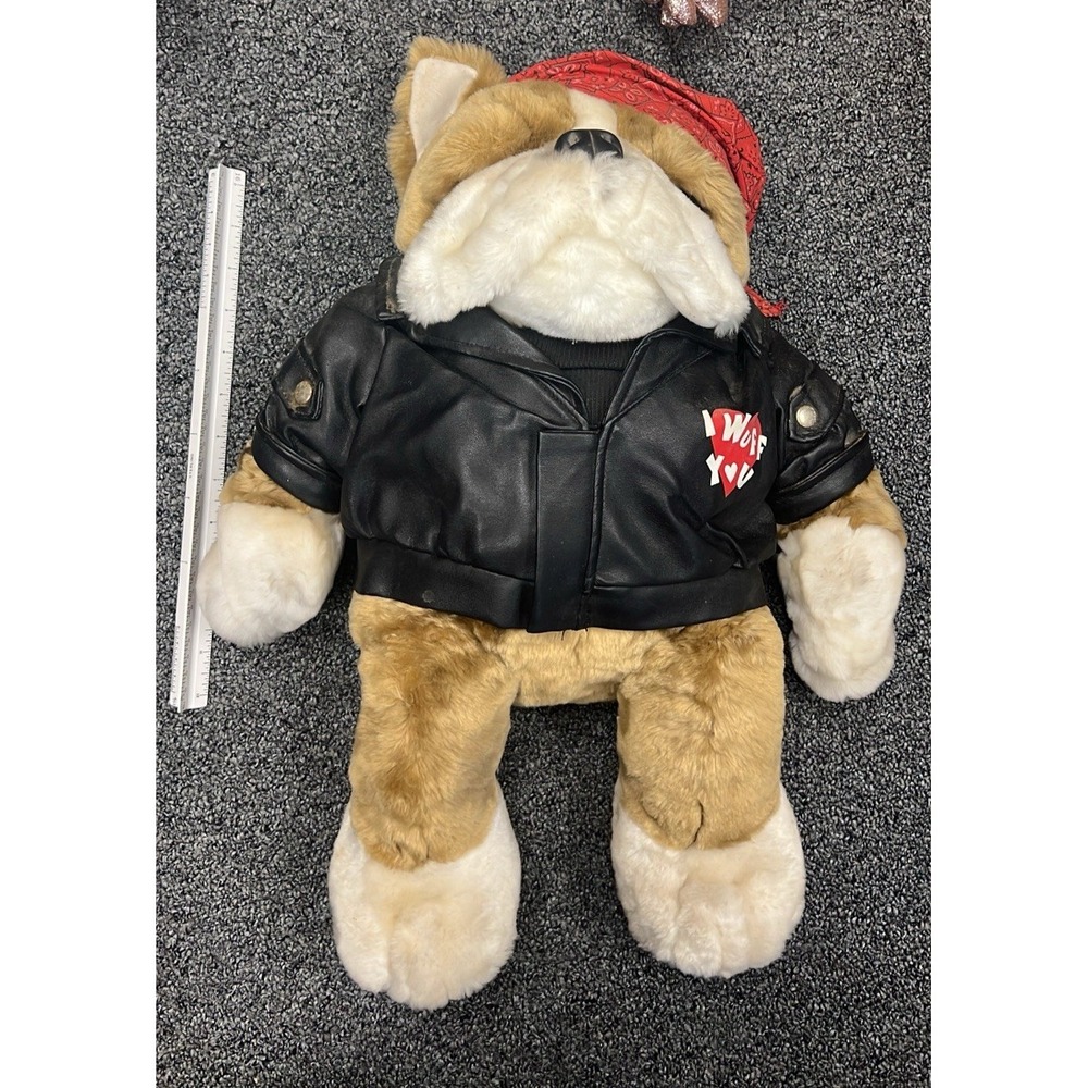 Dan Dee Plush Bulldog Biker Plush 18" I Wuff You Faux Leather Jacket Bandana